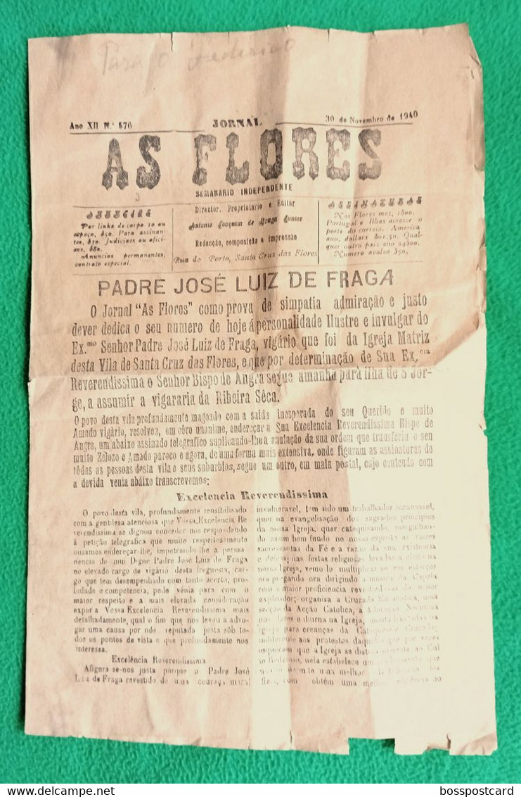 Ilha Das  Flores - Jornal "As Flores" Nº 576 De 30 De Novembro De 1940 - Católica-Açores - Portugal - Allgemeine Literatur