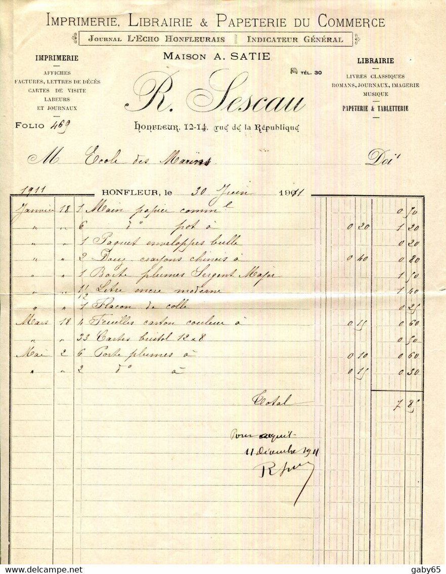 FACTURE.14.CALVADOS.HONFLEUR.IMPRIMERIE.LIBRAIRIE ET PAPETERIE.R.SESCAU 12-14 RUE DE LA REPUBLIQUE. - Printing & Stationeries