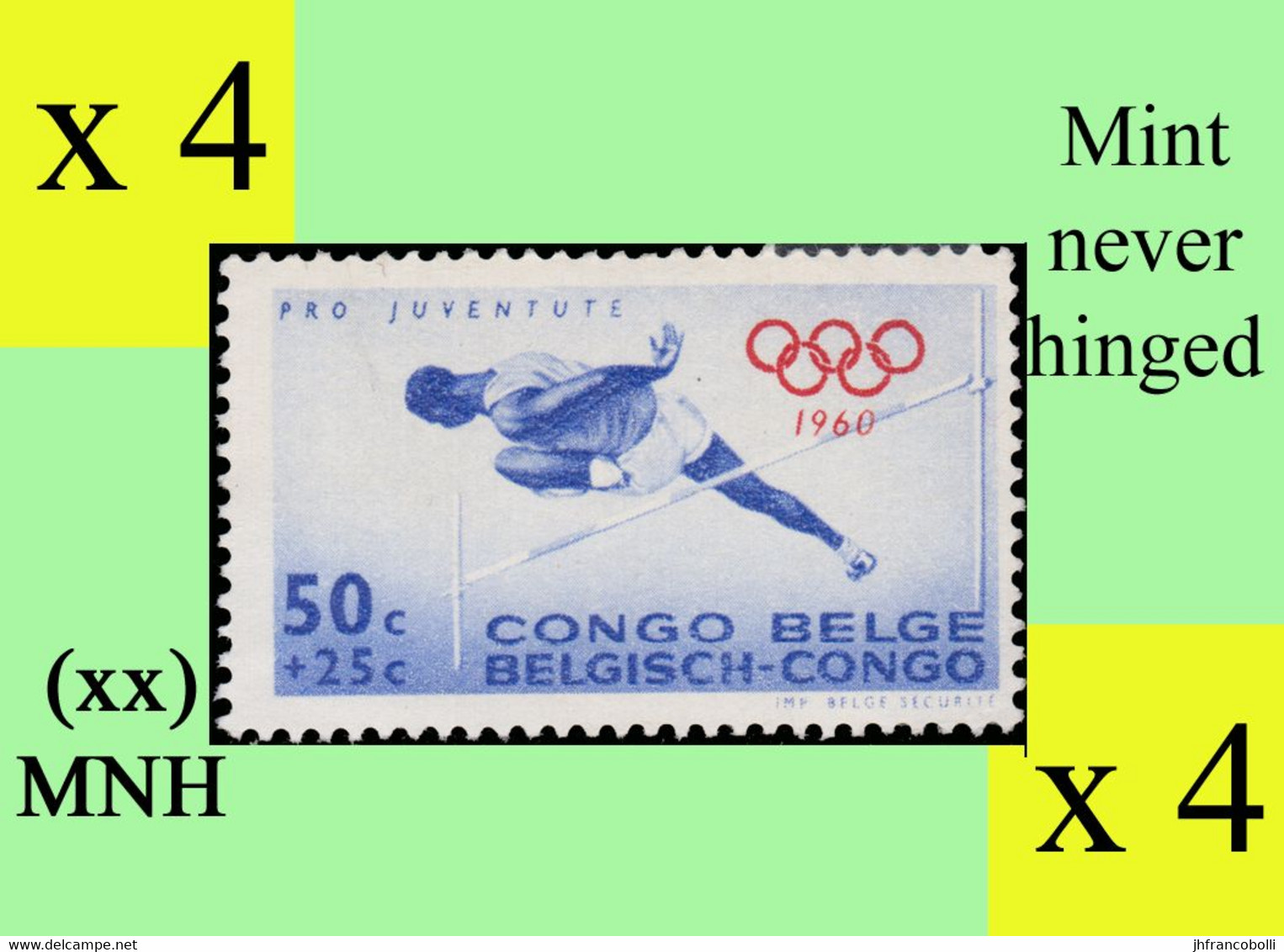 1960 ** BELGIAN CONGO / CONGO BELGE = COB 367 MNH ULTRAMARINE POLE VAULT :  BLOC OF -4- STAMPS WITH ORIGINAL GUM - Blocs