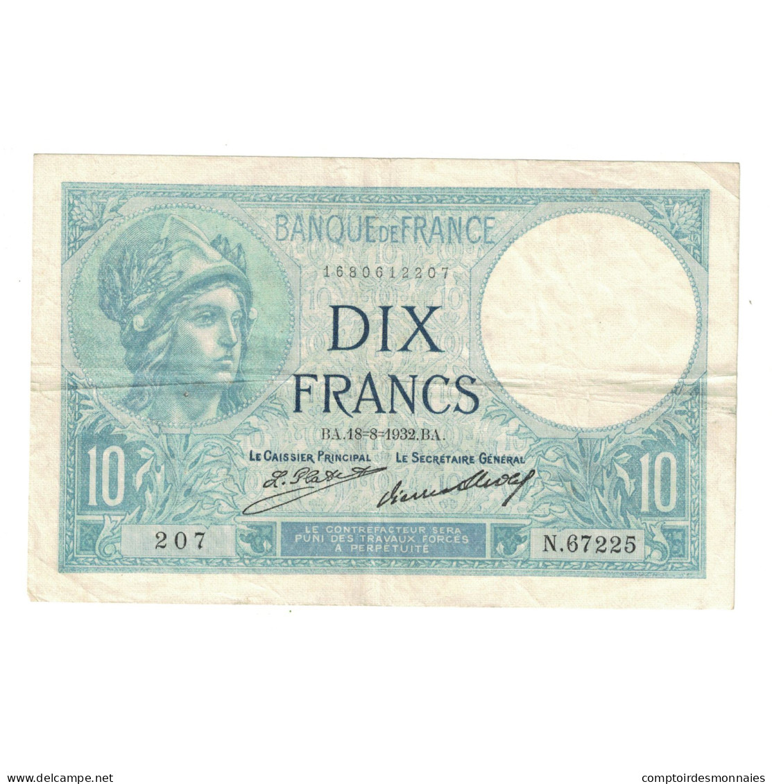 France, 10 Francs, Minerve, 1932, N.67225, TTB, Fayette:6.16, KM:73d - 10 F 1916-1942 ''Minerve''