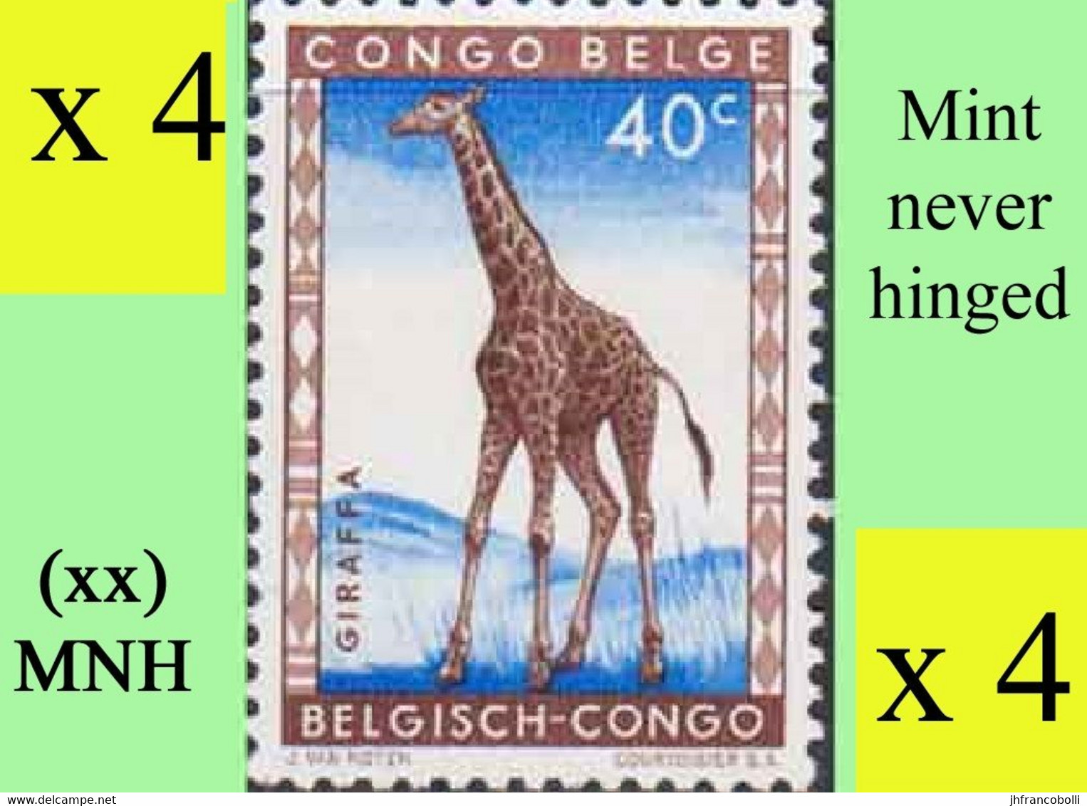 1959 ** BELGIAN CONGO / CONGO BELGE = COB 352 MNH GIRAFFA :  BLOC OF -4- STAMPS WITH ORIGINAL GUM - Blocks & Kleinbögen