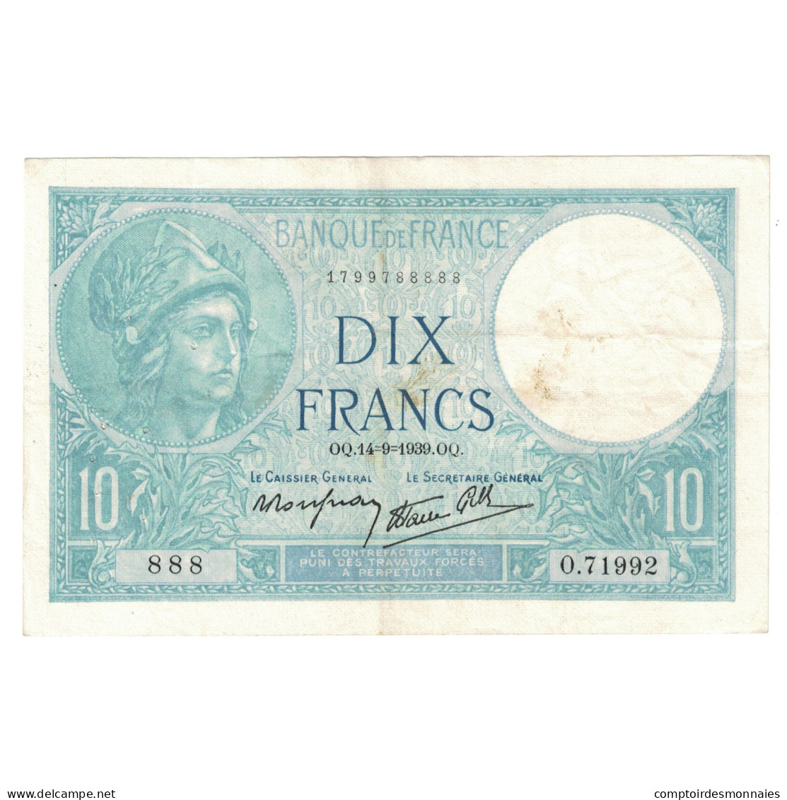 France, 10 Francs, Minerve, 1939, O.71992, TTB, Fayette:7.7, KM:84 - 10 F 1916-1942 ''Minerve''