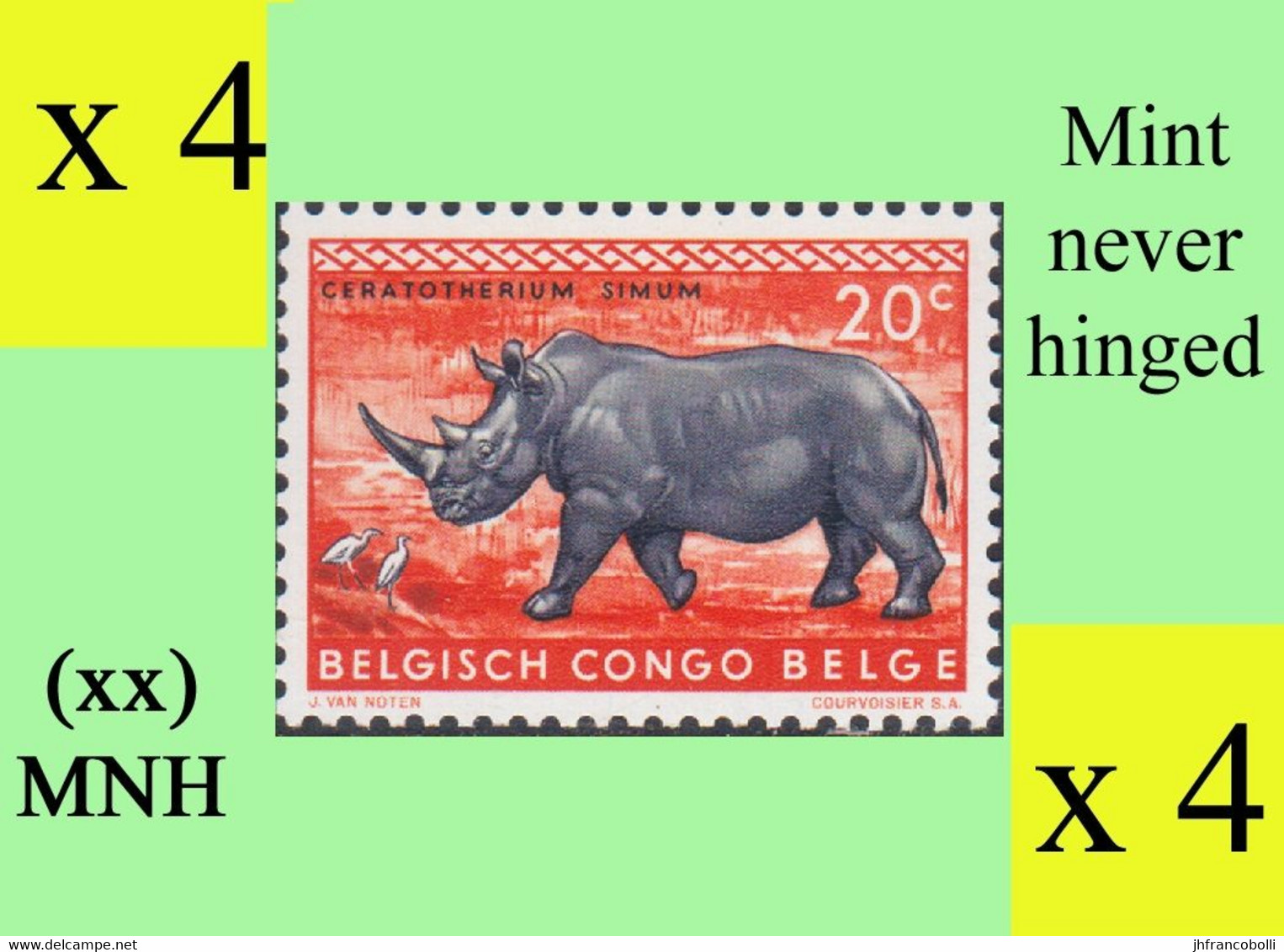 1959 ** BELGIAN CONGO / CONGO BELGE = COB 351 MNH RHINOCEROS :  BLOC OF -4- STAMPS WITH ORIGINAL GUM - Blocks & Kleinbögen
