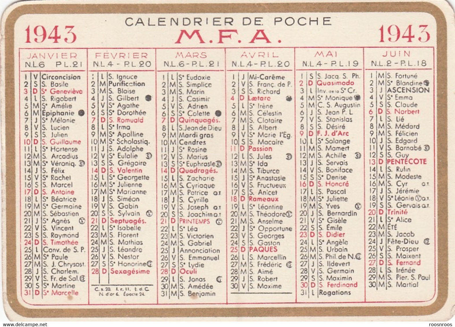 PETIT CALENDRIER  DE POCHE MFA 1943 - Etiquettes