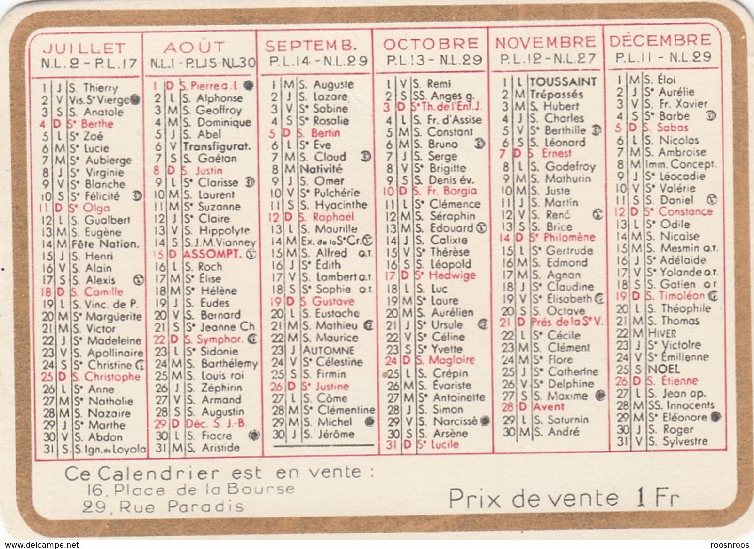 PETIT CALENDRIER  DE POCHE MFA 1943 - Etichette