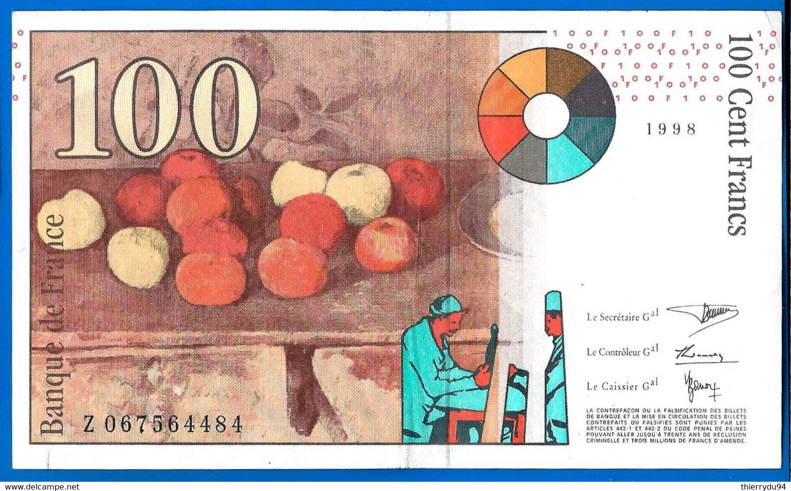 France 100 Francs 1998 Cezanne Frcs Frs Frc Serie Z Que Prix + Port Billet Paypal Bitcoin OK - 100 F 1997-1998 ''Cézanne''