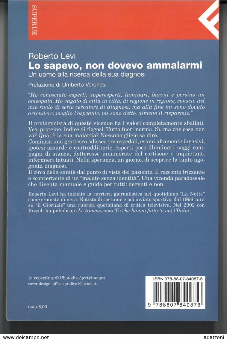 LO SAPEVO NON DOVEVO AMMALARMI DI ROBERTO LEVI EDITORE FELTRINELLI STAMPA 2008 PAGINE 109 DIMENSIONI CM 20x13 COPERTINA - Classiques