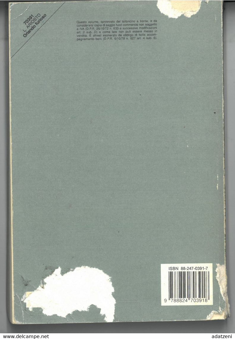 ORLANDO FURIOSO DI LUDOVICO ARIOSTO EDITORE MONDADORI STAMPA 1993 PAGINE 223 DIMENSIONI CM 20x13 COPERTINA MORBIDA CONDI - Classici