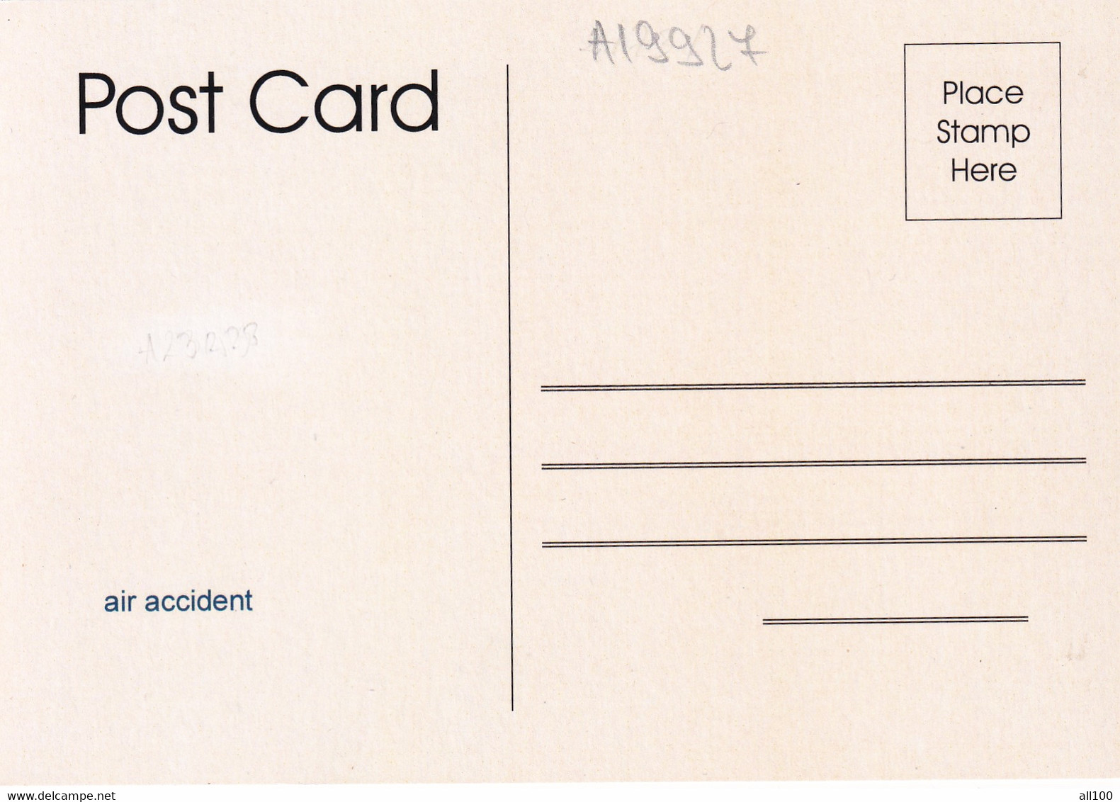 A19927 - AIR ACCIDENT AIRPLANE POST CARD UNUSED - Accidents