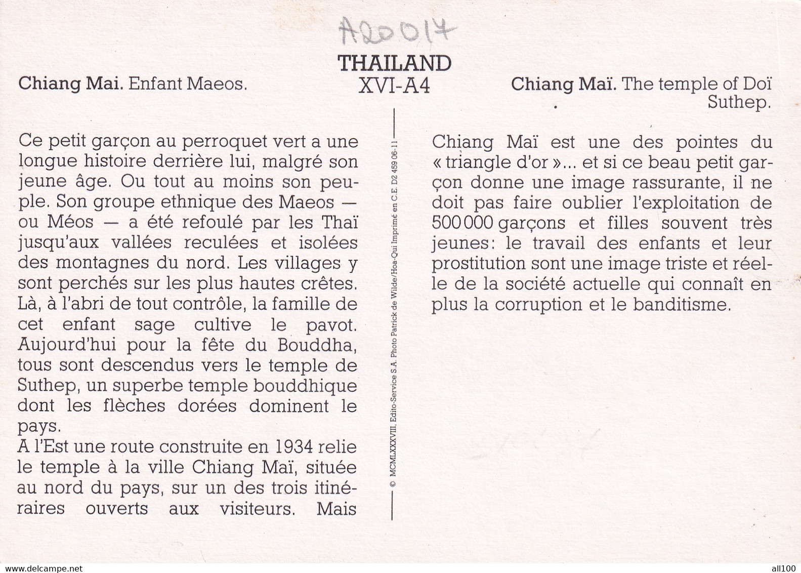 A20017 - CHIANG MAI ENFANT MAEOS THE TEMPLE OF DOI SUTHEP THAILAND PHOTO PATRICK DE WILDE HOA QUI IMPRIME EN CEE - Thaïlande