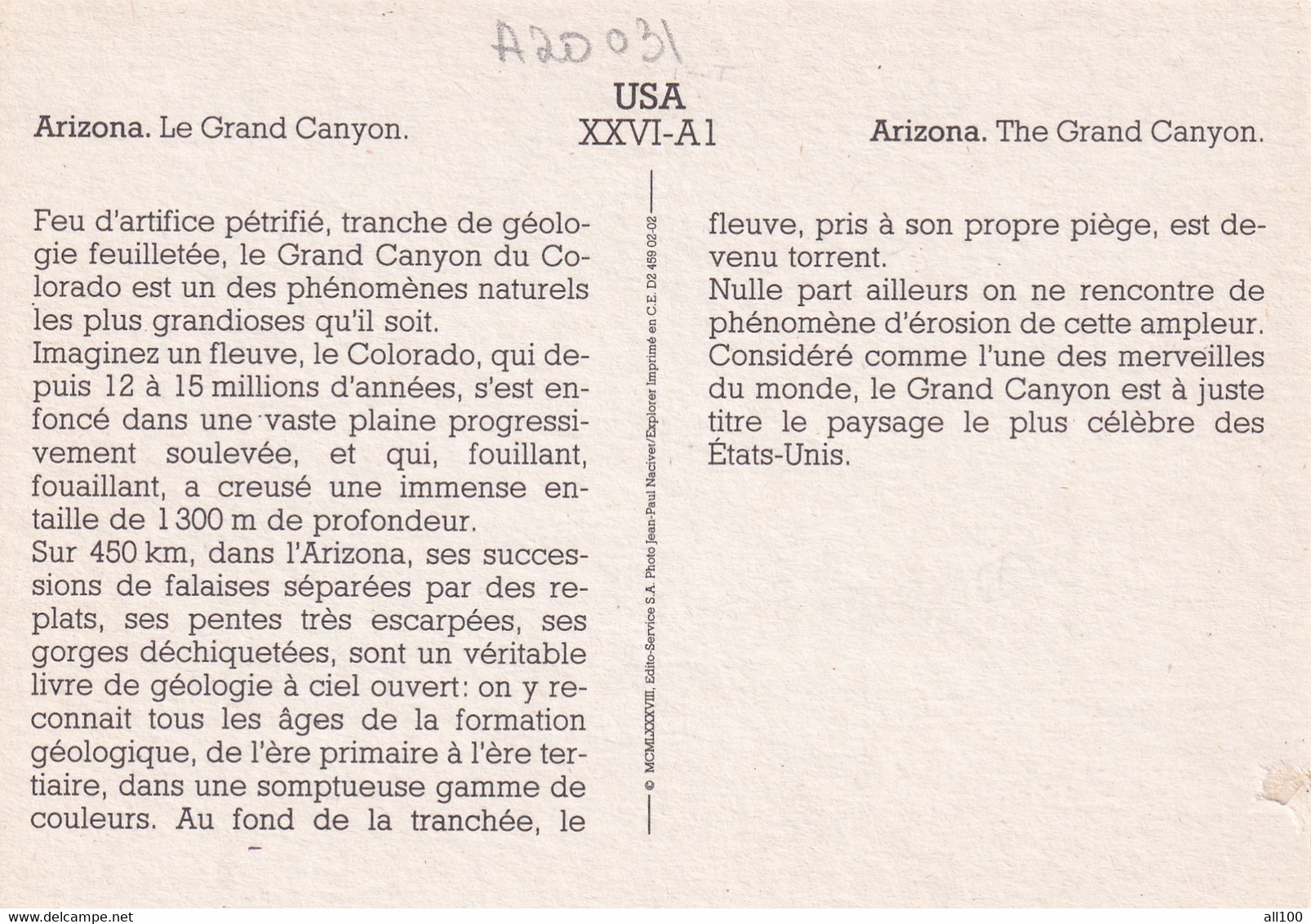 A20031 - ARIZONA LE GRAND CANYON USA UNITED STATES OF AMERICA PHOTO JEAN-PAUL NACIVER EXPLORER IMPRIME EN CEE - Grand Canyon