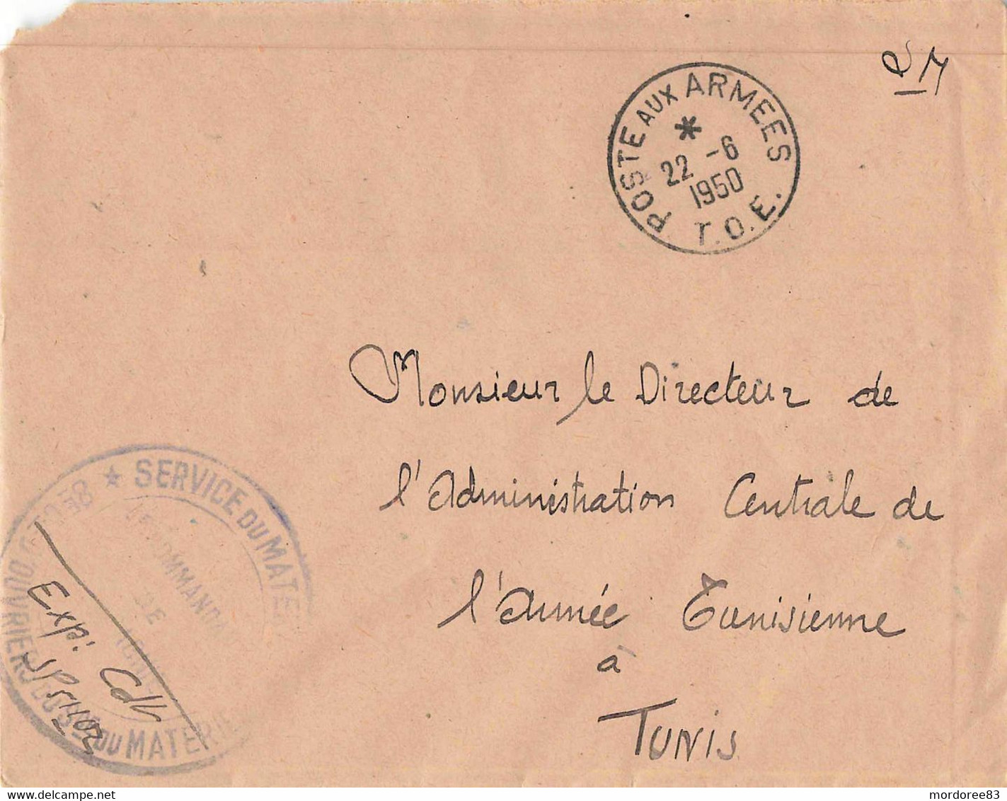 LETTRE FM POSTE AUX ARMEES T.O.E - 22/6/1950 CACHET 8em Cie OUVRIERS MATERIEL   POUR COMMANDANT A.C.A.T - TUNIS - Guerre D'Indochine / Viêt-Nam