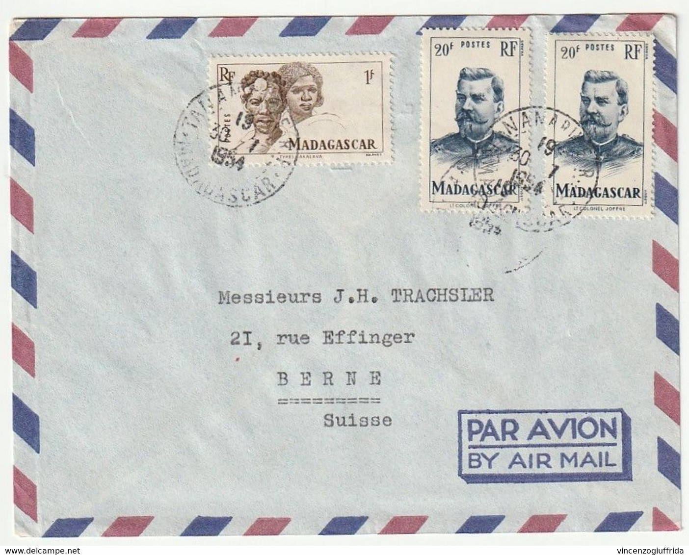 Madagascar Busta Comm.1954 PAR AVION (  E.Stehlè & C. Tananarive ) Spedita Da Tananarive Per Berna Suisse - Storia Postale