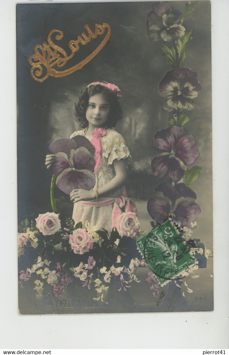 ENFANTS - LITTLE GIRL - MAEDCHEN - Jolie Carte Fantaisie Portrait Fillette Avec Fleurs Pensées "SAINT LOUIS " - Prénoms