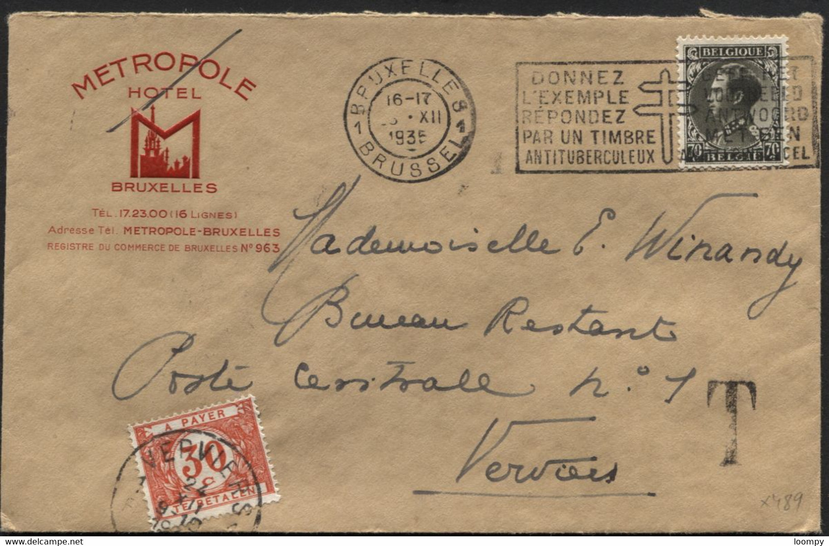 N°401 Obl. BRUXELLES S/Lettre En POSTE RESTANTE 1935 + Taxe 35 Obl. VERVIERS (x489) - 1934-1935 Leopold III.