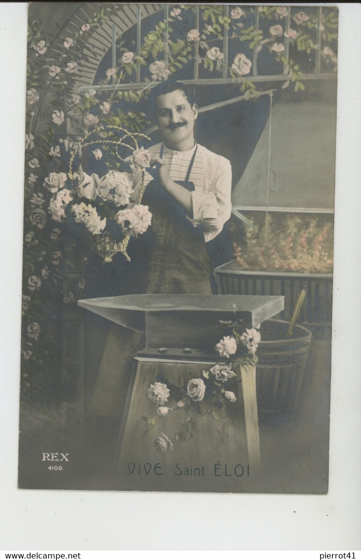 HOMMES - Jolie Carte Fantaisie Portrait Homme Forgeron Avec Fleurs Devant Son Enclume "VIVE SAINT ELOI " - Prénoms