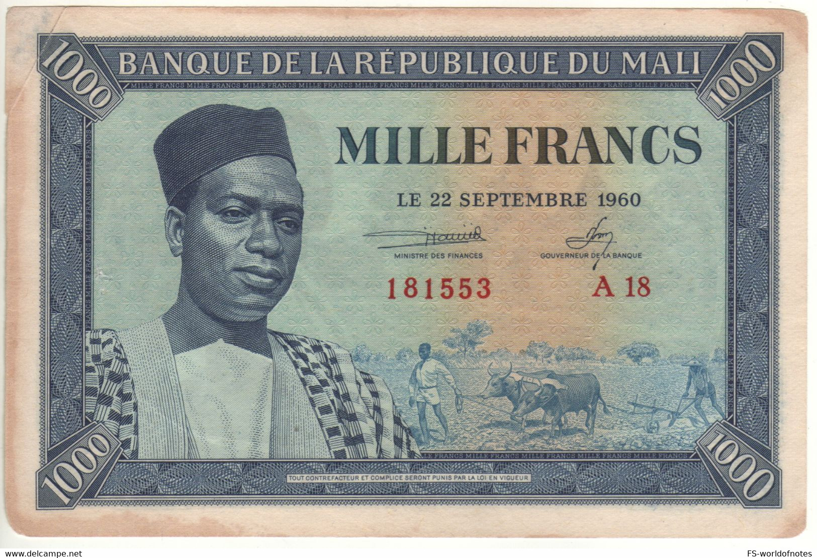 MALI   1'000 Francs    P4a  Dated 22.09.1960    " President Modibo Keita + Village, Man At Back " - Malí