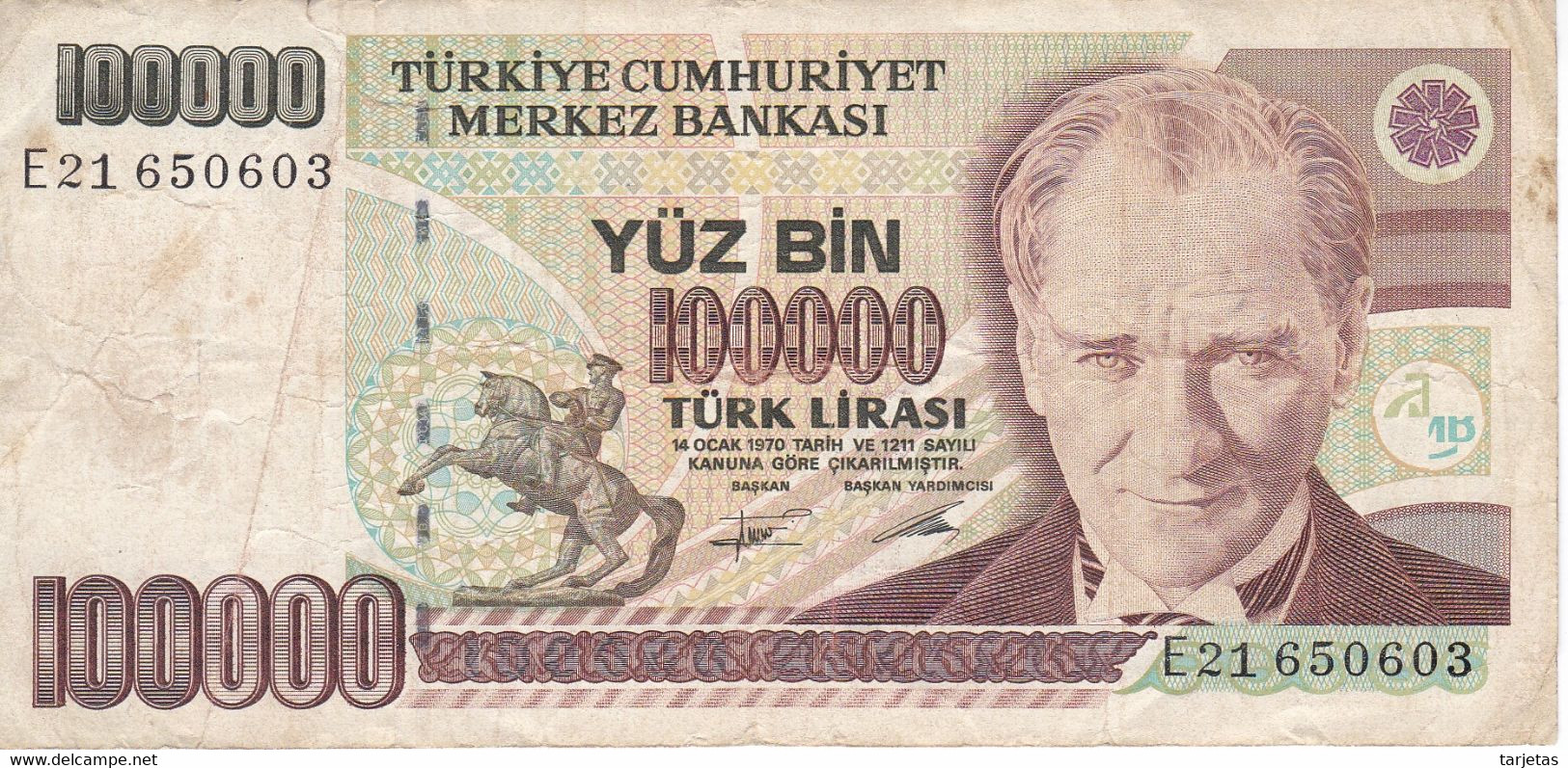 BILLETE DE TURQUIA DE 100000 LIRASI DEL AÑO 1970  (BANKNOTE) - Turquie