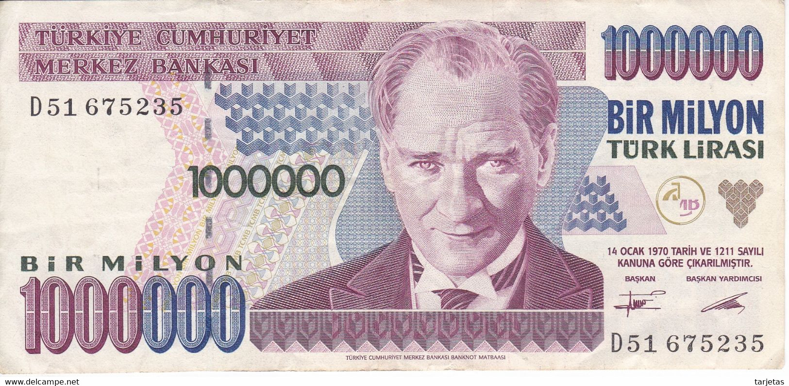 BILLETE DE TURQUIA DE 1000000 LIRASI DEL AÑO 1970  (BANKNOTE) - Turquie