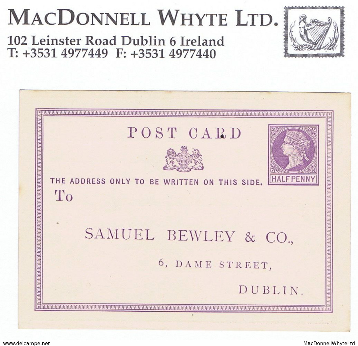 Ireland Tea Dublin 1870 Halfpenny Lilac Postcard SAMUEL BEWLEY & CO DUBLIN - Postal Stationery