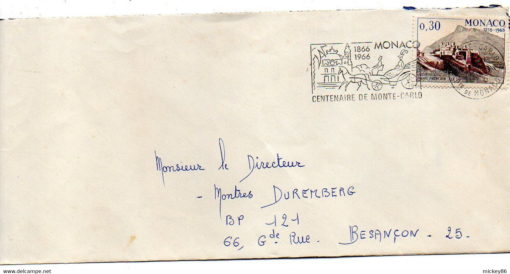 MONACO--1966--Lettre De Monte-Carlo  Pour BESANCON-25 (France)..tp Seul Sur Lettre Cachet  100ans De Monte-Carlo. - Briefe U. Dokumente