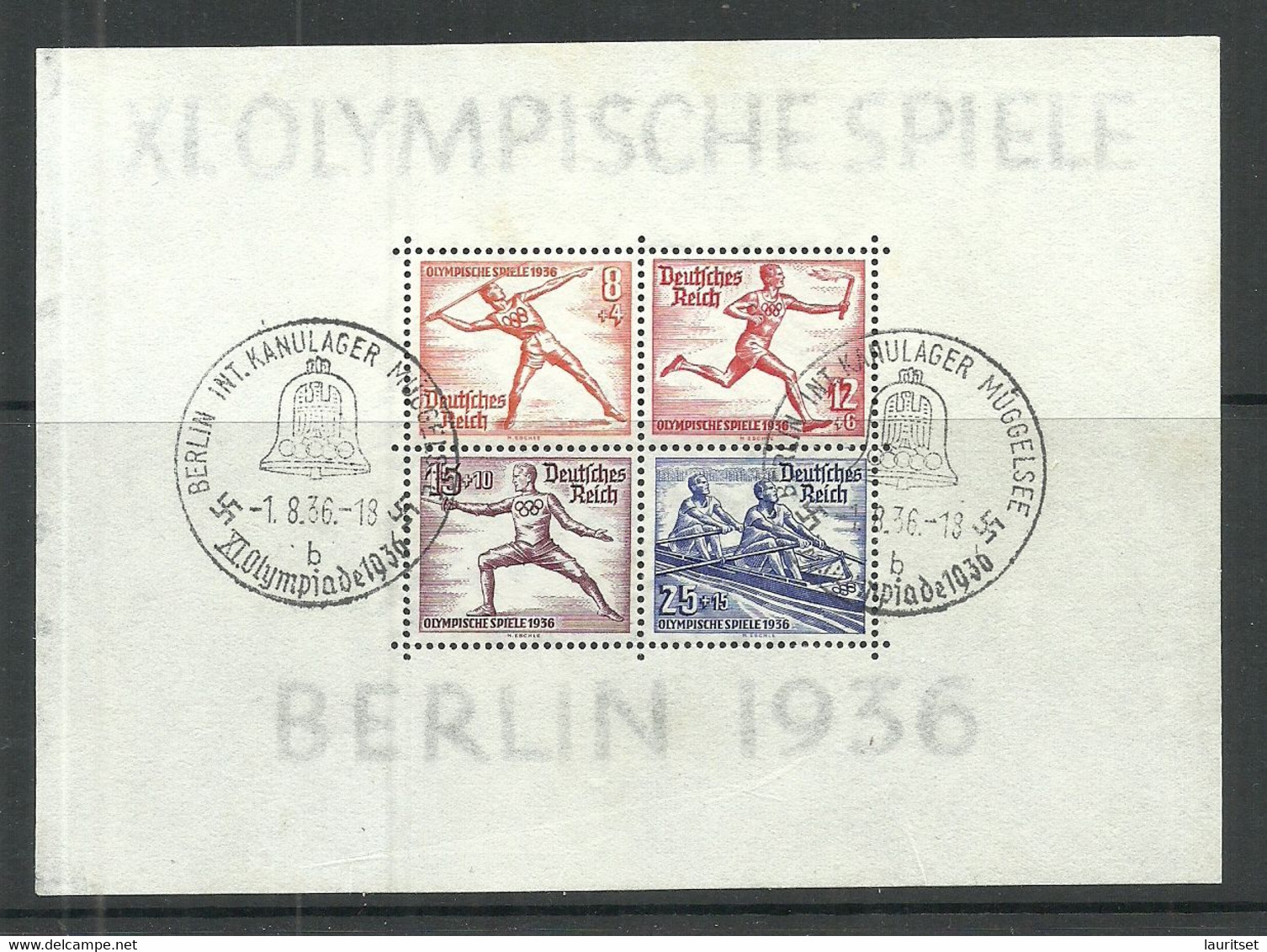 Germany Deutschland Reich 1936 OLympic Ames Berlin S/S Michel Block 6 O Int. Kanulager Müggelsee Special Cancel - Ete 1936: Berlin