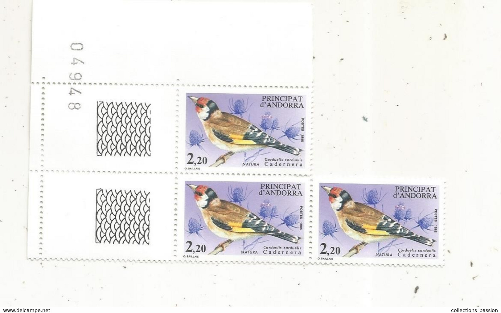 Bloc De 3 Timbres, PRINCIPAT D'ANDORRA, ANDORRE ,neuf,  Carduelis , Cadernera 1985 - Nuevos