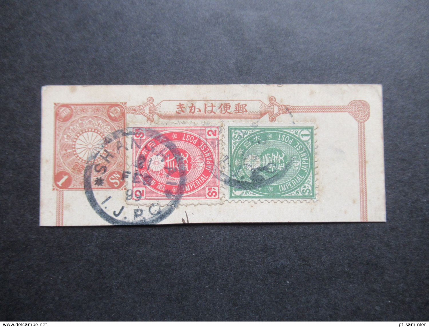Japan / China 21.2.1899 Ganzsachen Ausschnitt Mit 2 Weiteren Marken Imperial Japanese Post Stempel Shanghai I.J.P.O. - Oblitérés