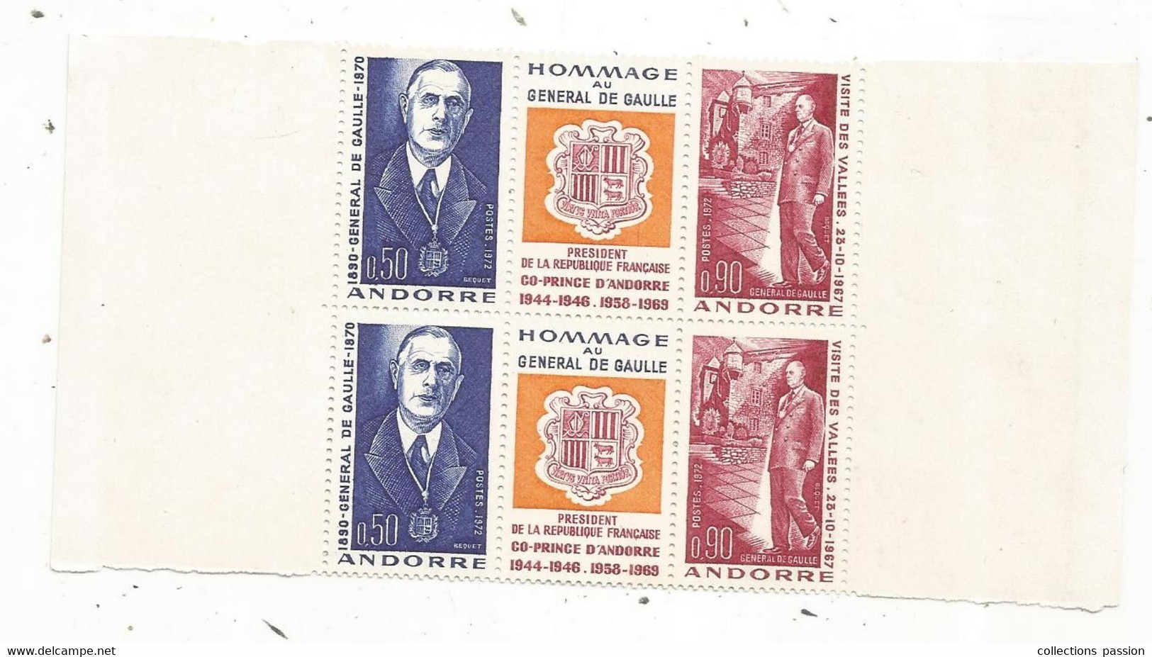 BLOC DE 4 TIMBRES + 2 VIGNETTES, ANDORRE, Neuf, Hommage Au Général DE GAULLE,1972 - Nuevos