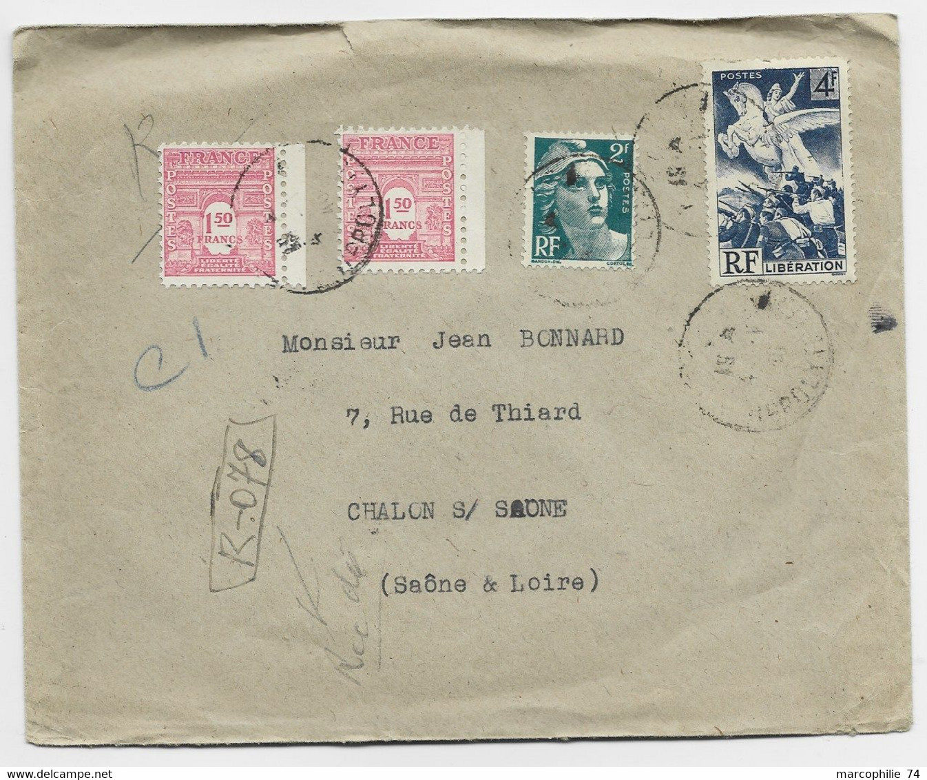 FRANCE ARC TRIOMPHE 1FR50 ROSEX2+ GANDON 2FR+ 4FR LIBERATION LETTRE REC PROVISOIRE PARIS 1946 AU TARIF - 1944-45 Triomfboog