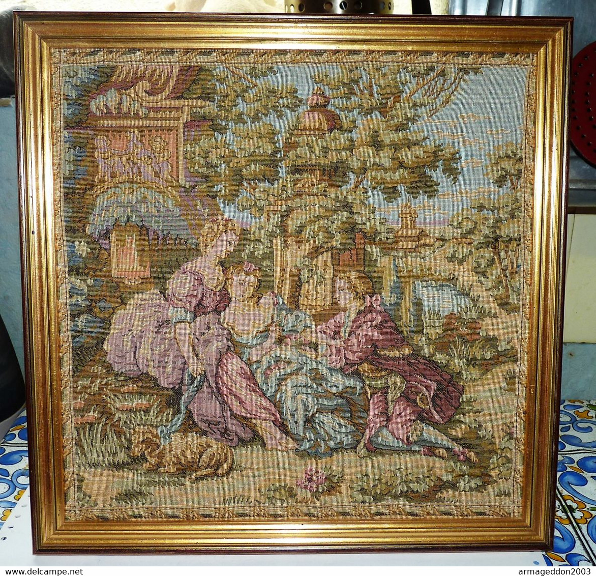 Cadre Tapisserie Broderie Antique Vintage Scène Romantique France écrit Au Dos - Alfombras & Tapiceria