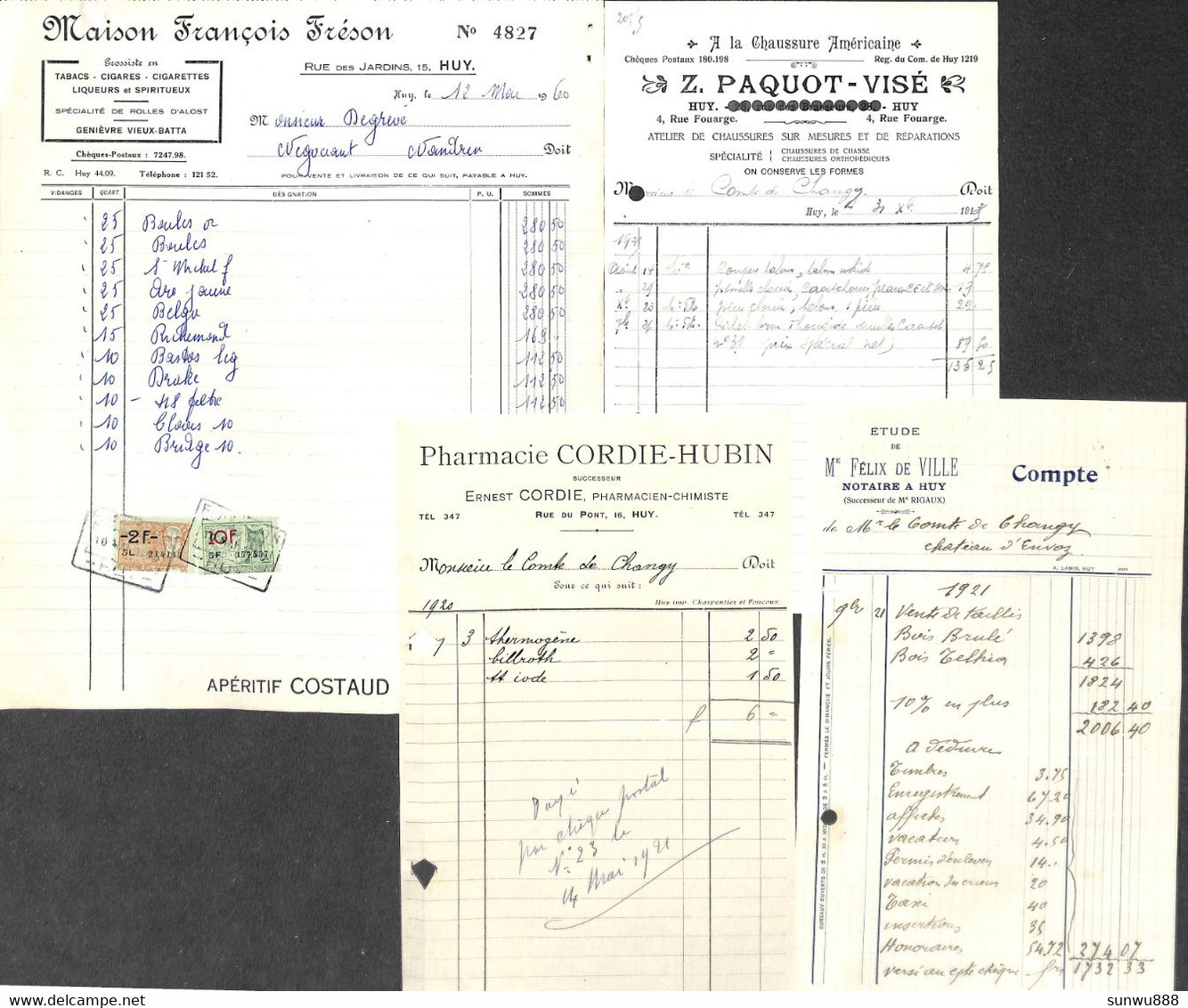 Huy - Lot 19 Documents Factures Pharmacie Tabacs Chaussures Notaire... - Sonstige & Ohne Zuordnung