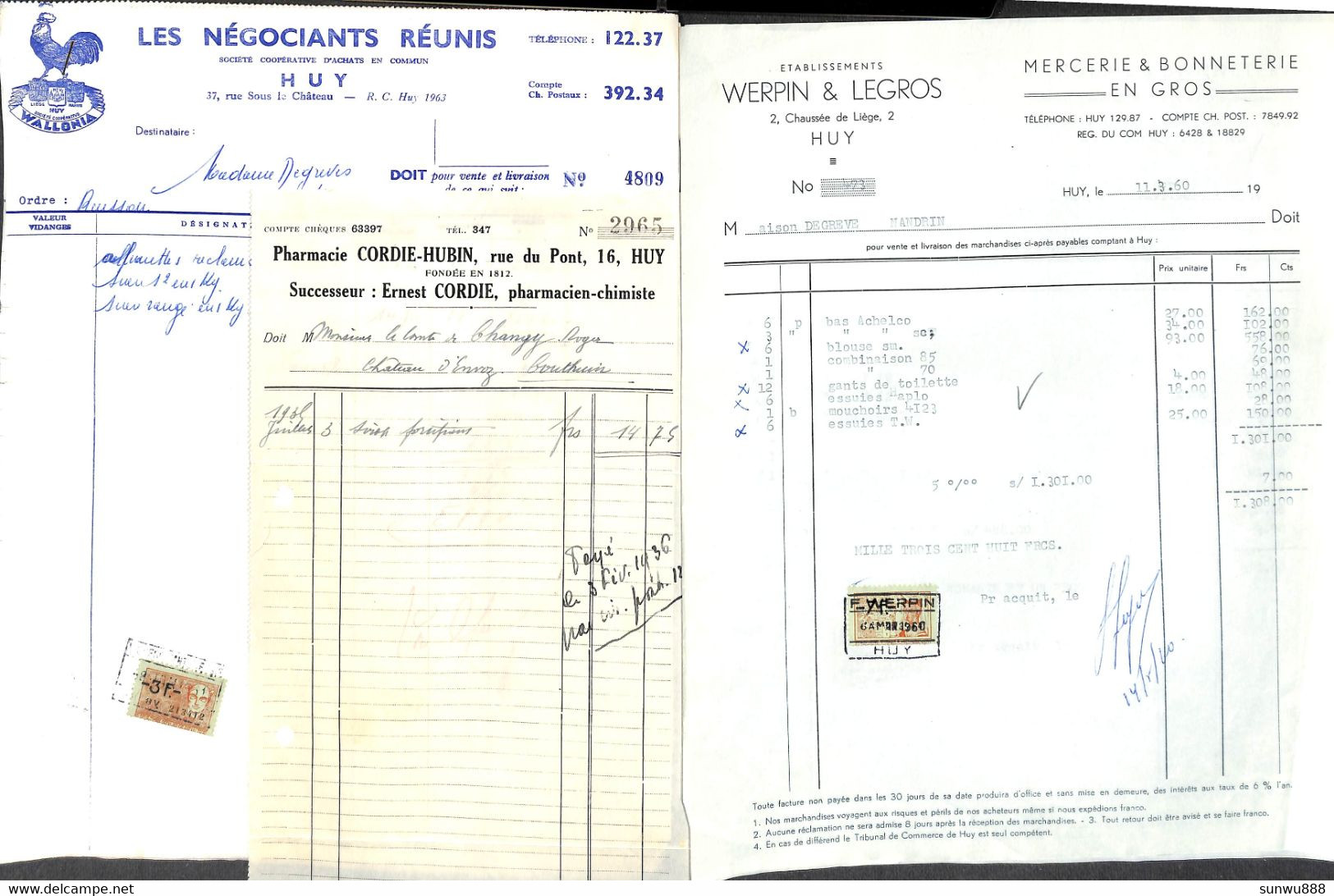Huy - Lot 19 Documents Factures Pharmacie Tabacs Chaussures Notaire... - Other & Unclassified