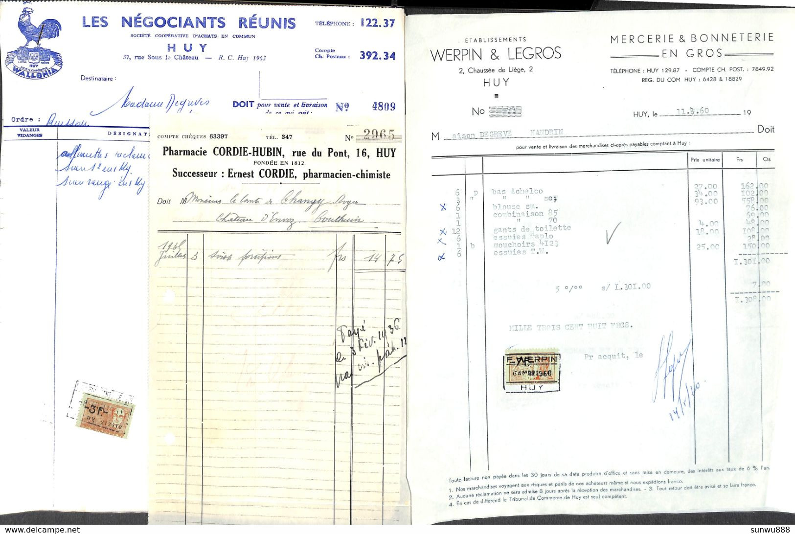 Huy - Lot 19 Documents Factures Pharmacie Tabacs Chaussures Notaire... - Altri & Non Classificati