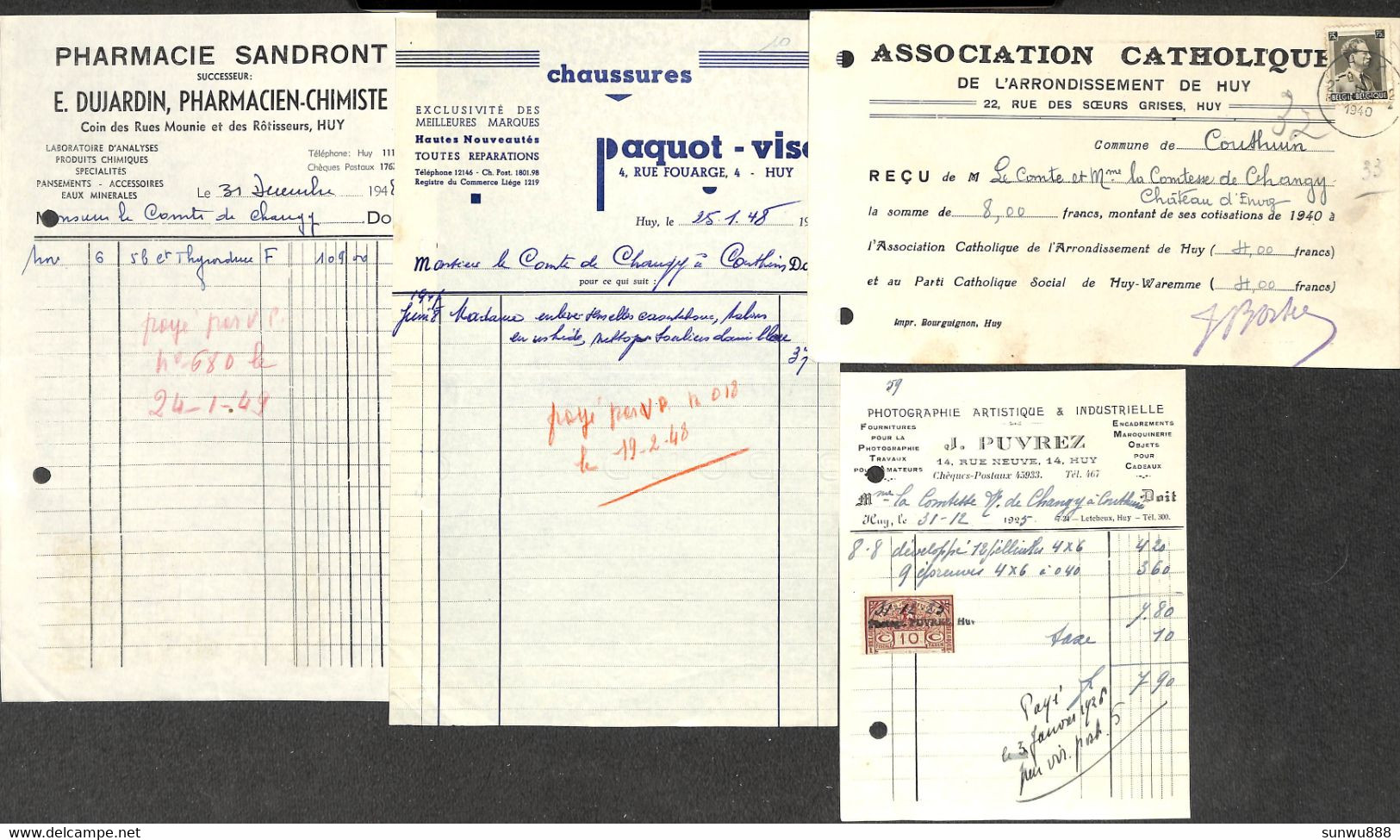 Huy - Lot 19 Documents Factures Pharmacie Tabacs Chaussures Notaire... - Altri & Non Classificati