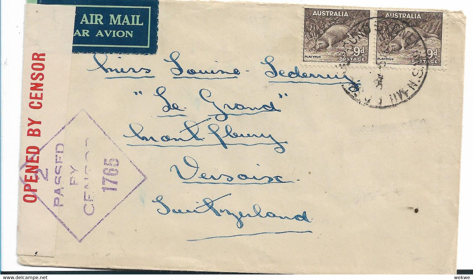Aus460 / AUSTRALIEN - Playtypus (2 X) Auf Zensiertem Brief In Die Schweiz - Storia Postale