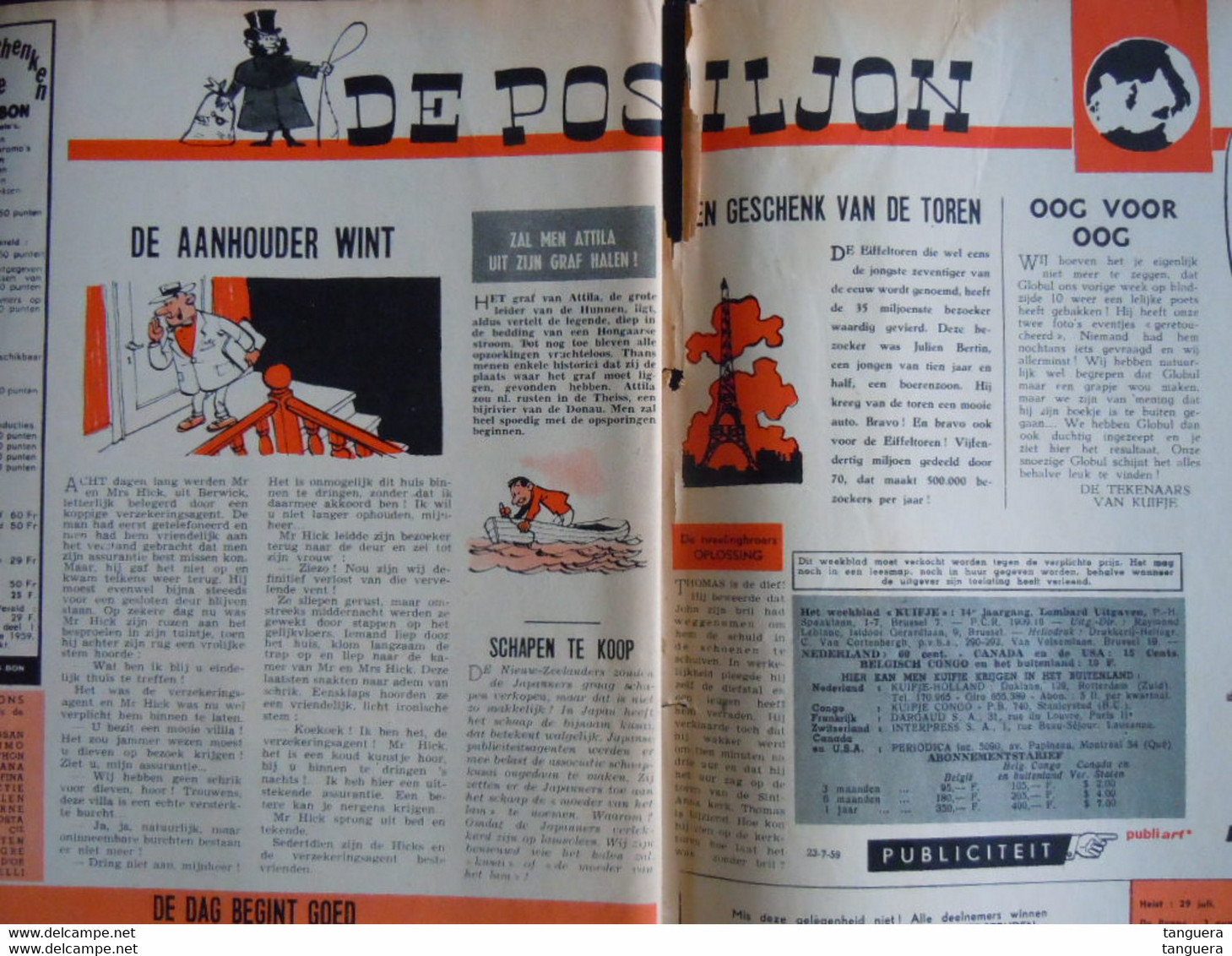 Kuifje Weekblad 1959 Nr 30 Omslag Bob De Moor Oa. 't Prinske Door Willy Vandersteen - Kuifje