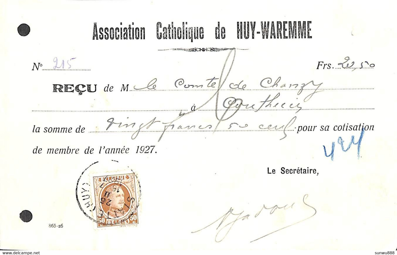 Association Catholique De Huy Waremme 1927 + Timbres - 1900 – 1949