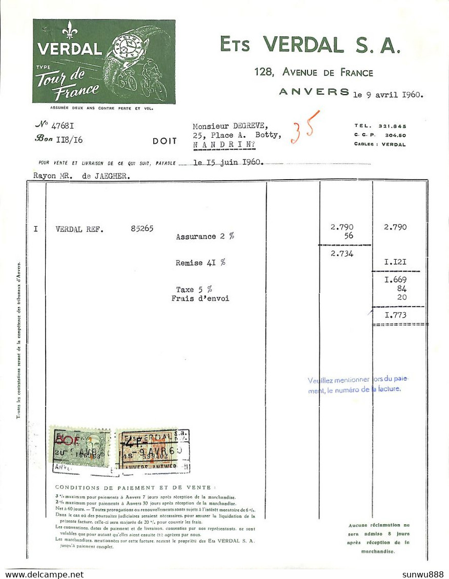 Anvers - Ets Verdal + Timbres (Type Tour De France) 1960 - 1950 - ...