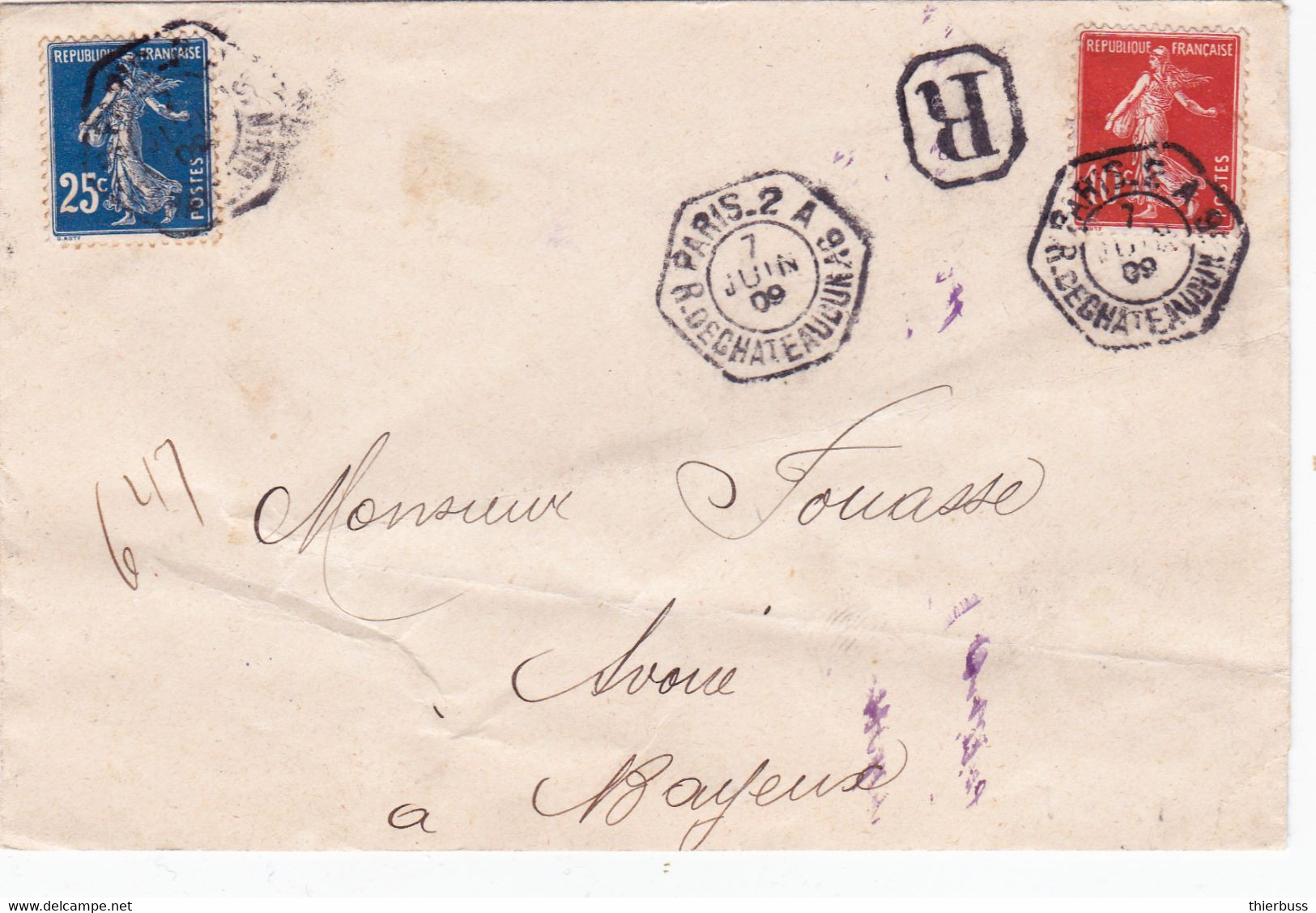 Semeuse 10ct 25ct Paris 2A Chateaudun Recommandé 1909 - Tarifas Postales