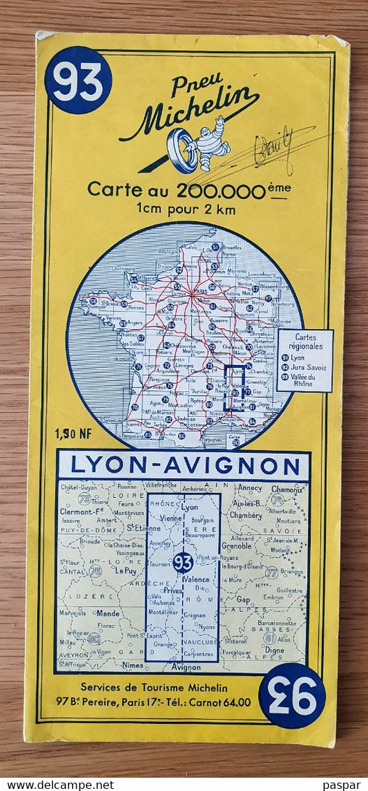 Carte Michelin 1962 Numéro 93 - Lyon Avignon - Cartes Routières