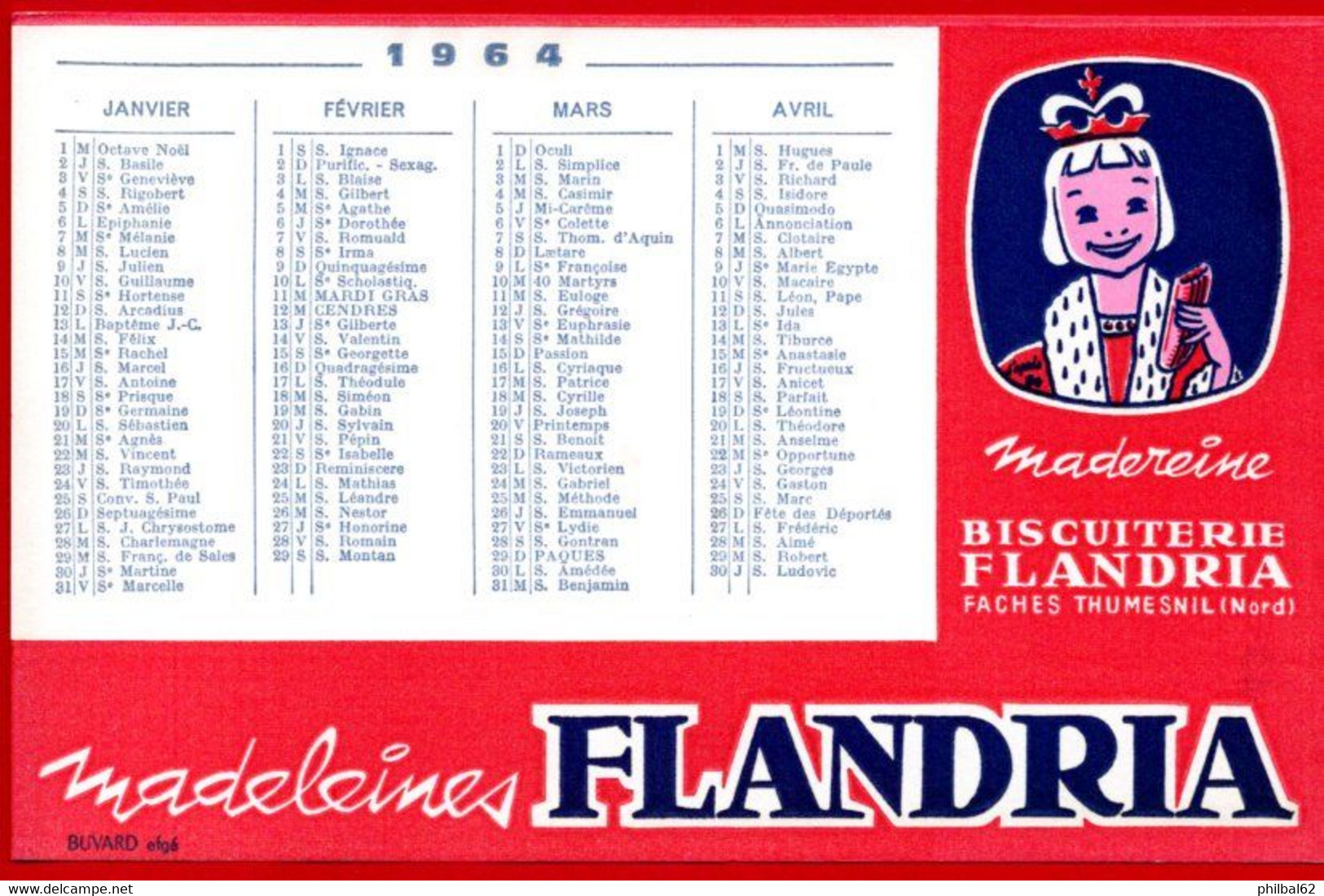 Buvard Biscuiterie Flandria à Faches Thuménil, Nord. Calendrier Début Année 1964. - Sucreries & Gâteaux