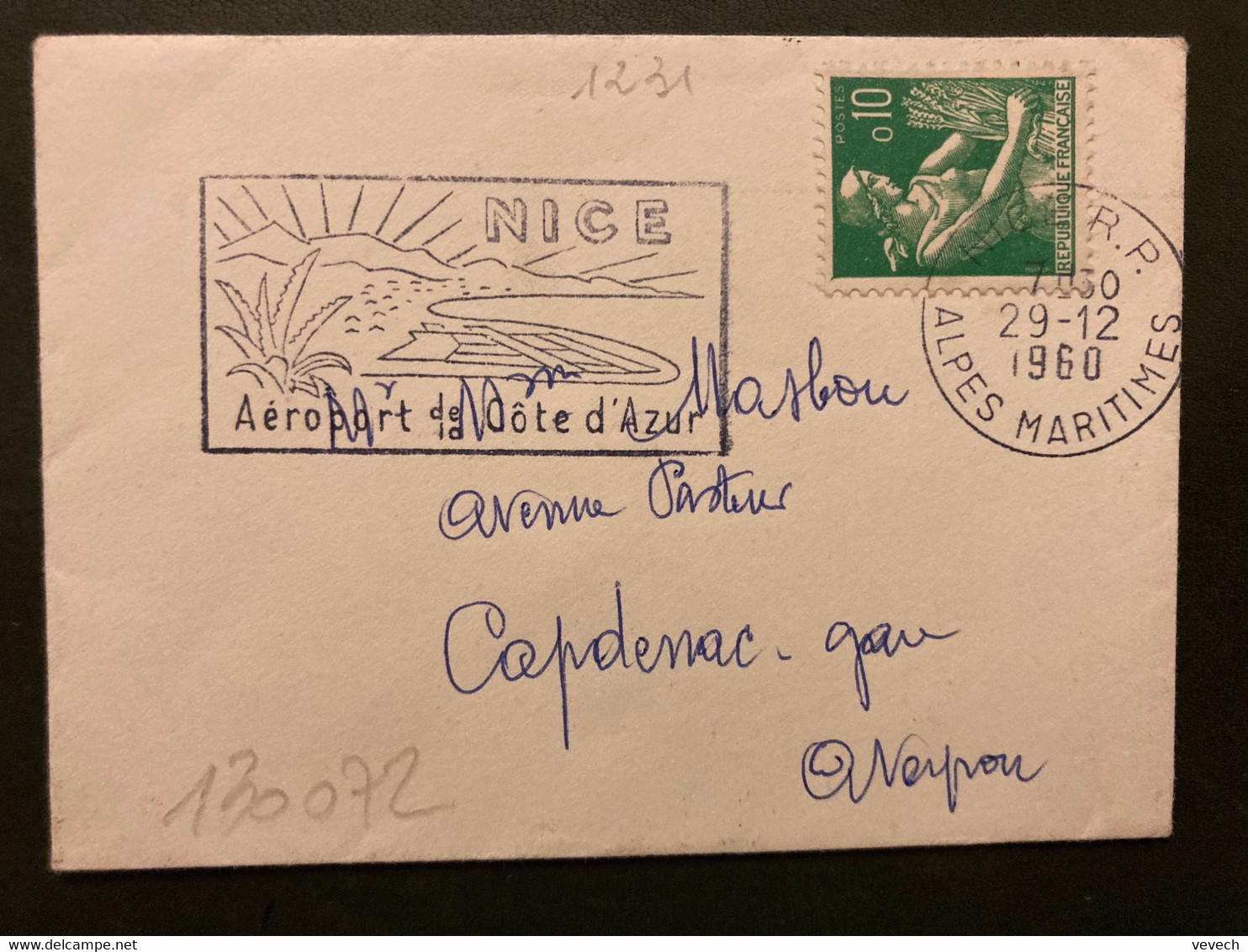 LETTRE MIGNONNETTE TP PAYSANNE 0,10 OBL.MEC.29-12 1960 NICE RP (06) Aéroport De La Côte D'Azur - 1957-1959 Mäherin