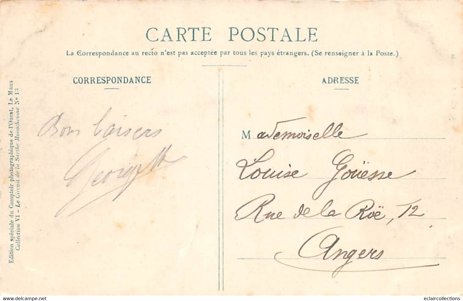 Thème Sport automobile    :Circuit de La Sarthe 1906 . 39 cartes numérotées - manque N° 2  Edit.Garczinski   (voir scan)