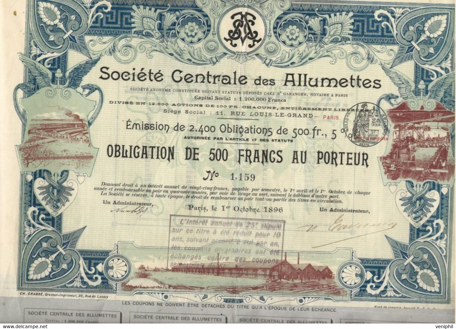 SOCIETE CENTRALE DES ALLUMETTES-OBLIGATION ILLUSTREE DE 500 FRS - ANNEE 1898 - Industry