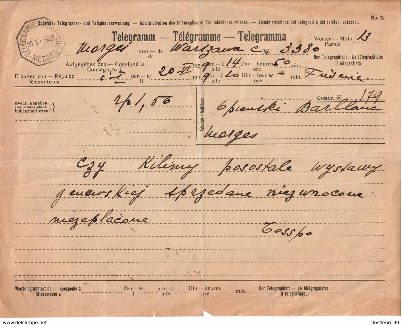 Télépgraphe & Téléphone,  Morges 20.VI.1929 / De Varsovie Pologne - Télégraphe