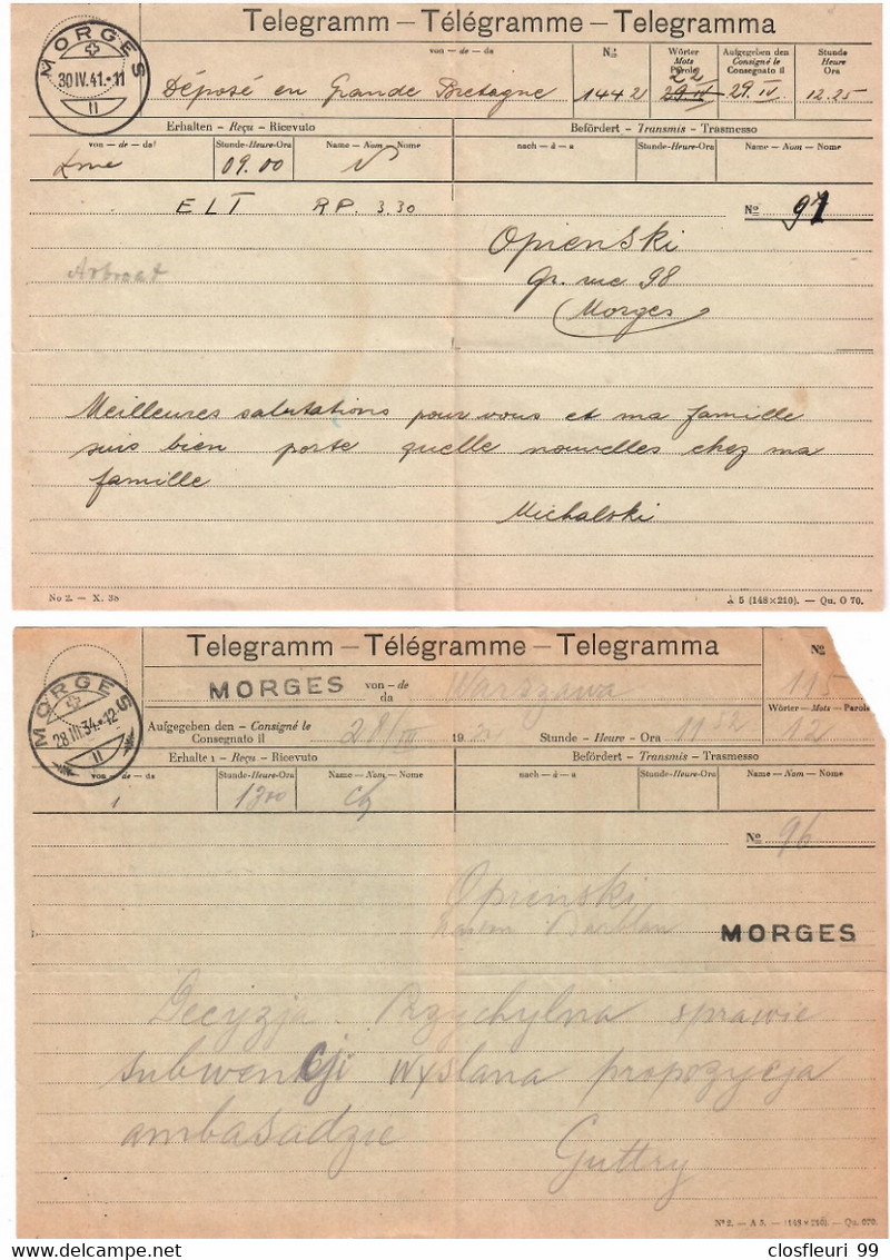 Deux (2) Télépgraphe & Téléphone,  Morges 28.3.34 Et 30.4.41  / Gd-Bretagne, Varsovie, Linéaire Morges - Telegraph