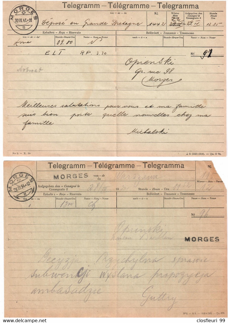 Deux (2) Télépgraphe & Téléphone,  Morges 28.3.34 Et 30.4.41  / Gd-Bretagne, Varsovie, Linéaire Morges - Télégraphe