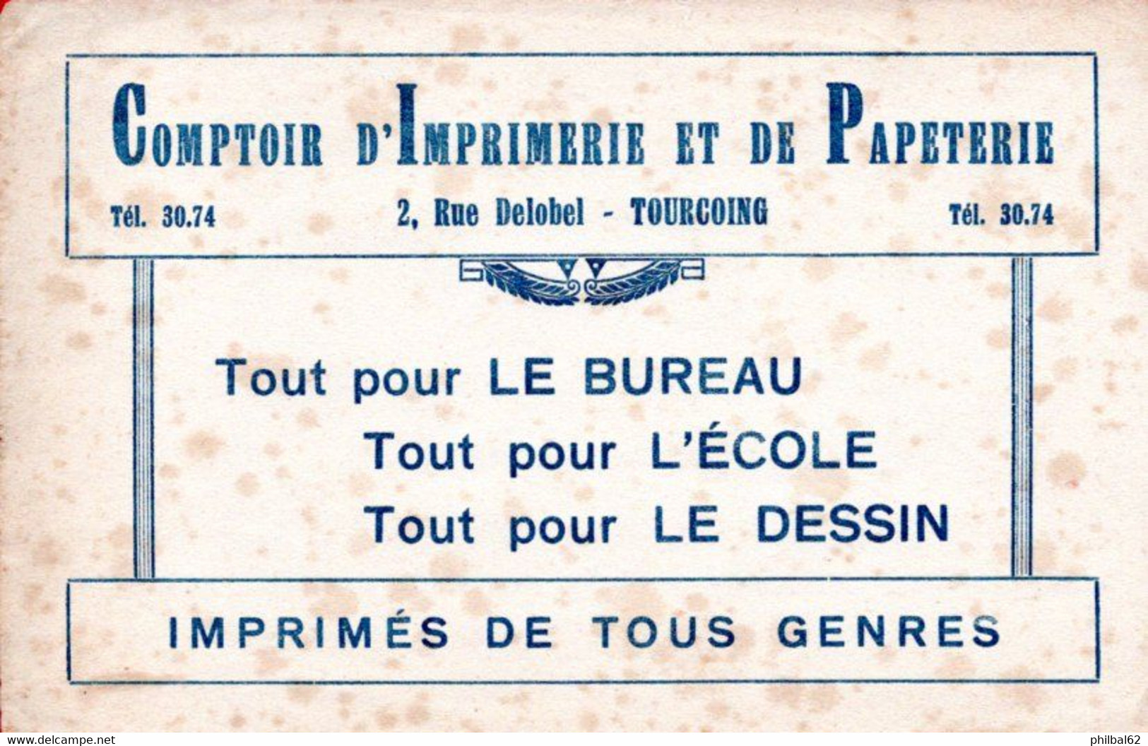 Buvard Ancien, Comptoir D'Imprimerie Et De Papeterie à Tourcoing. - Stationeries (flat Articles)