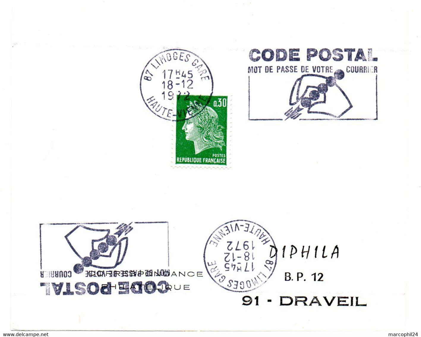 VIENNE / HAUTE - Dépt N° 87 = LIMOGES GARE 1972 =  FLAMME à DROITE = SECAP Illustrée ' CODE POSTAL / Mot Passe' - Código Postal